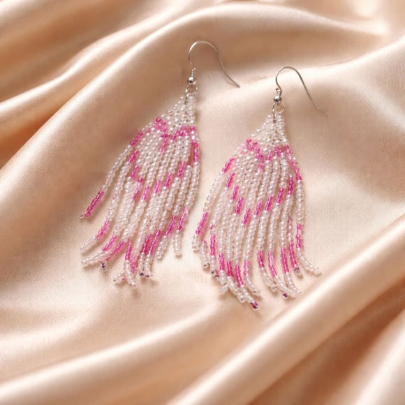 Jewelry - Hidden Heart Seed Bead Fringe Earrings | Neon Pink & Milky Gray Beaded Dangle